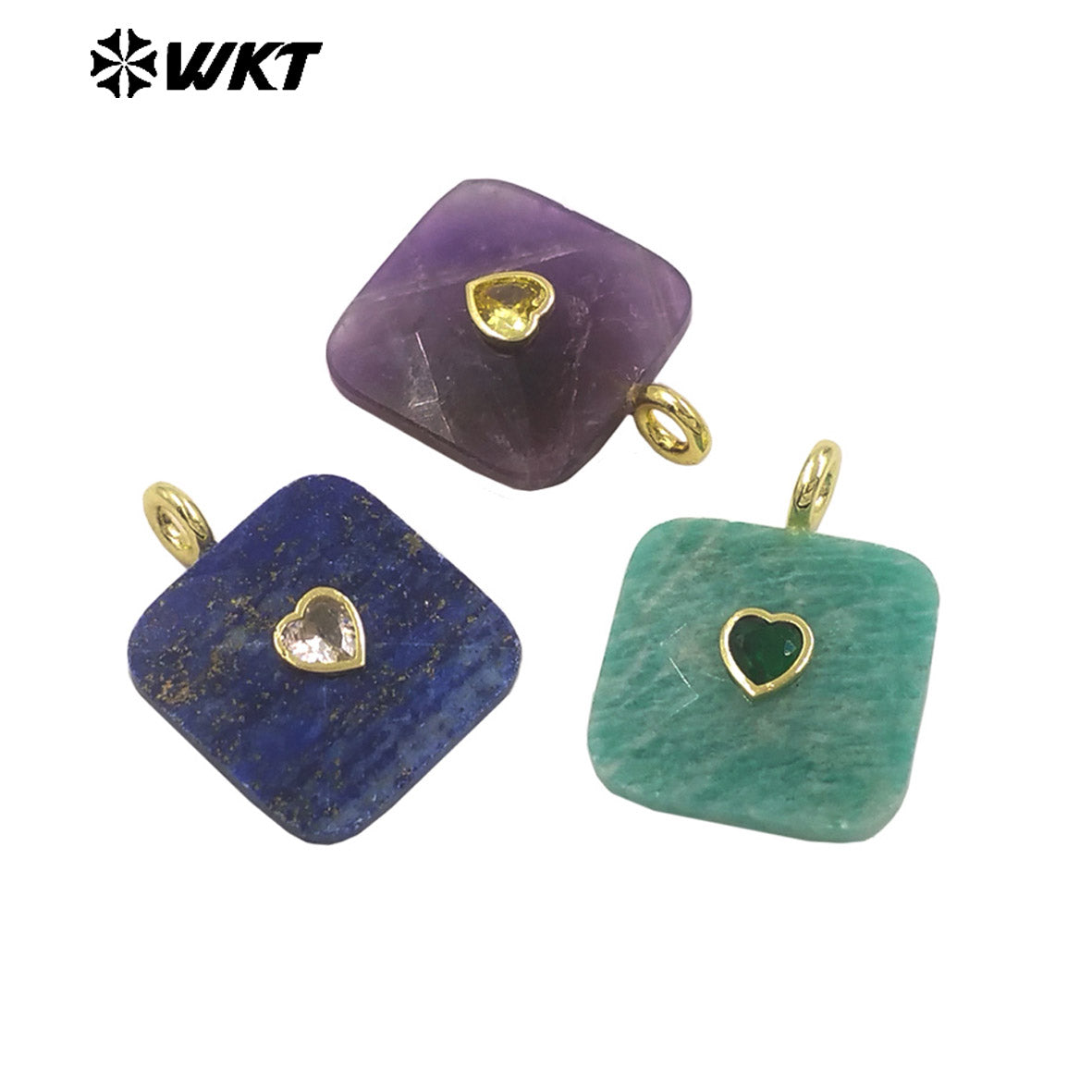 WT-P2105 Fashionable Heart Zircon And Multiple Natural Gemstones Facet Square Gold Pendants For Women Necklaces Design