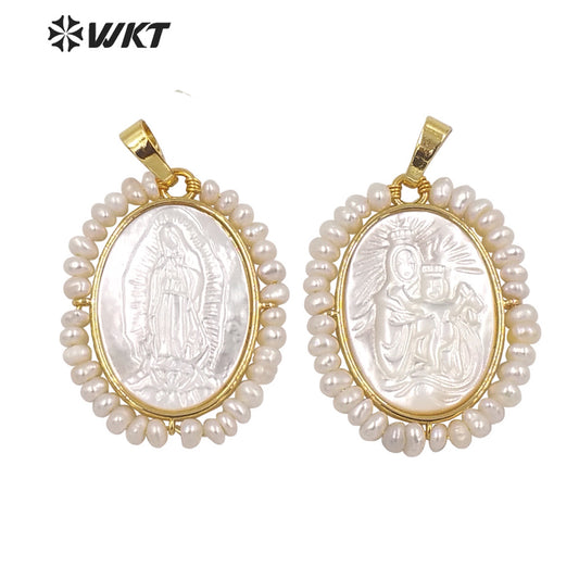 WT-JP255 Amazing White Shell Carved Vintage Marry Pendant Handmade Pearl Charm Wrapped Religions Mother of Jesus Pendants