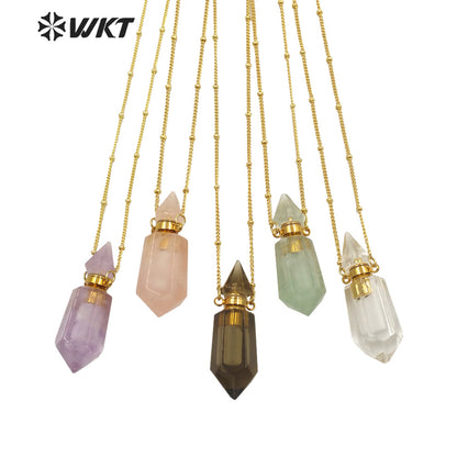 WT-N1284 Fashion Gold Plated Double Loops Natural Spirit Quartz Point Stone Perfume Bottle Necklace or Essencial Oil Necklace