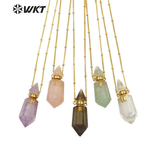 WT-N1284 Fashion Gold Plated Double Loops Natural Spirit Quartz Point Stone Perfume Bottle Necklace or Essencial Oil Necklace