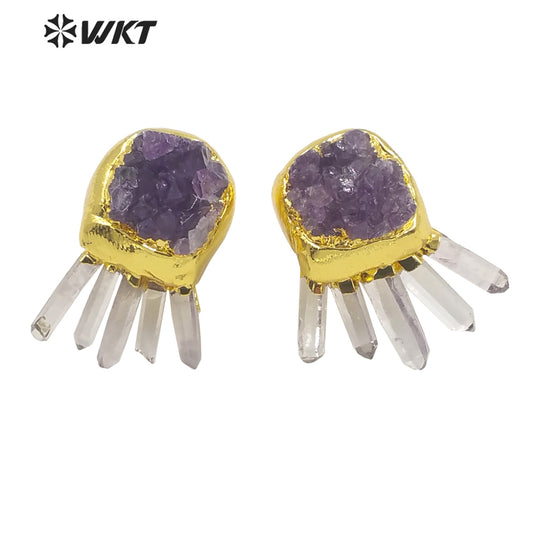 WT-E650 Wonderful Fashion Gold Electroplated Amethyst Stone Studs Earrings Women Beautiful Nice Earrings Charming and Cute