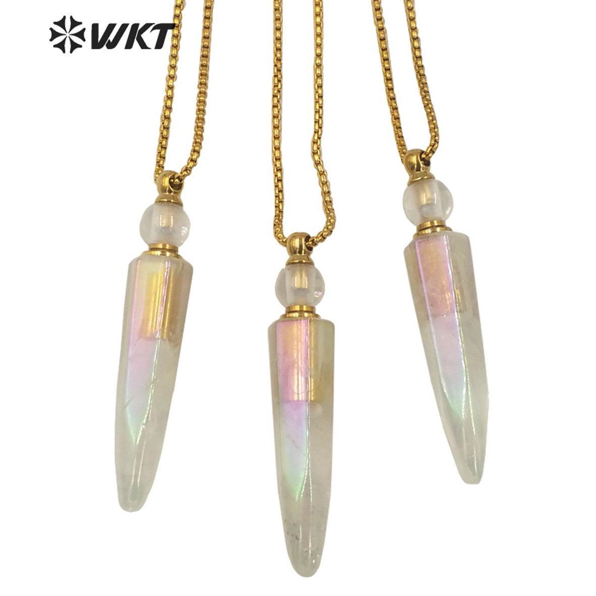 WT-N1258 Wholesales Gorgeous Long Angel Color Crystal Quartz Point Essential Oil Bottle Necklace Gorgeous Aura Stone Necklace