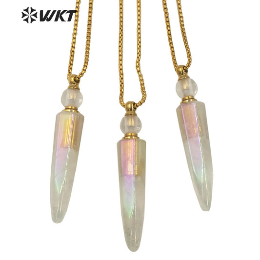 WT-N1258 Wholesales Gorgeous Long Angel Color Crystal Quartz Point Essential Oil Bottle Necklace Gorgeous Aura Stone Necklace