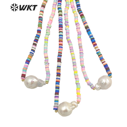 WT-JN193 WKT New Design Boho Vintage Natural Freshwater Baroque Pearl Necklace Crazy Design 4mm Beads Strand Pendant Necklace