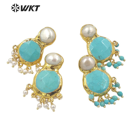 WT-MPE117 Elegant Vintage Women 18K Gold Plated Round Faceted Turquoise With Dangling Tiny Beads Pearl Earring Studs