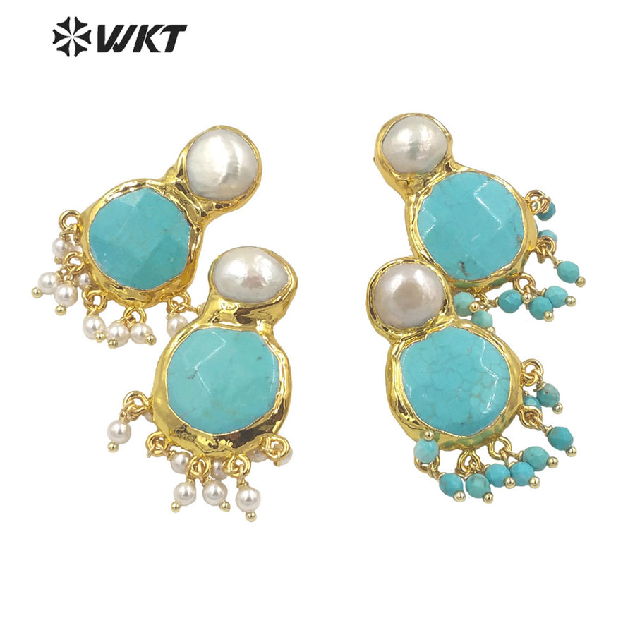 WT-MPE117 Elegant Vintage Women 18K Gold Plated Round Faceted Turquoise With Dangling Tiny Beads Pearl Earring Studs