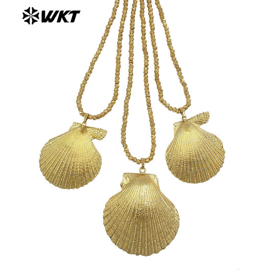 WT-JN343 Classic Design Beads Chain With Full Gold Plated Natural Scallop Shell Pendants Women Necklace For Beach Vacation Match