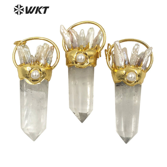 WT-P1625 Amazing Natural Real Gold Plated Spirit Quartz Pendant Women Big Chunky Crystal Pearl Point Stone Pendant