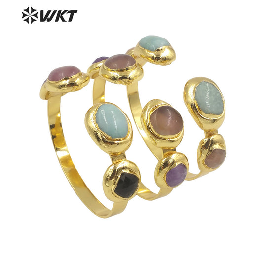 WT-B592 WKT 2022 Fashion Jewelry Sun Stone Amethyst Black Obsidian Adjustable Gold Bangle Natural Triple Stone Bangle