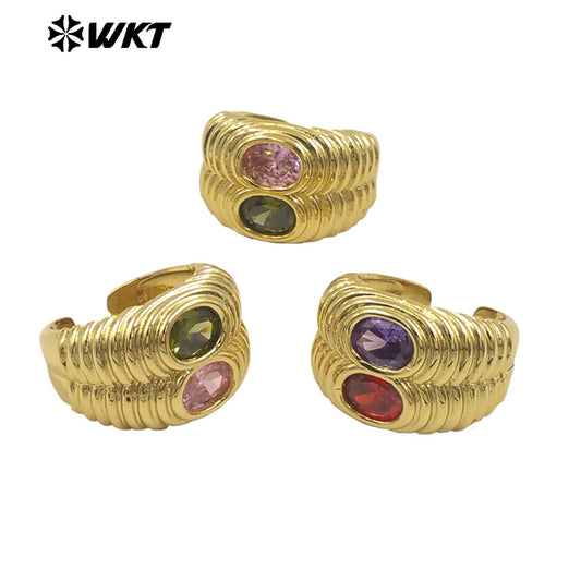 WT-MR039 Popular Fashion 18K Gold Plated Double Cubic Zircon Wide Band Cocktail Ring for Women