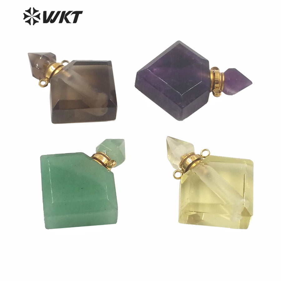 WT-P1575 Wholesale Rhombus Shape Natural Stone Essence Oil Bottle Pendant Gold Stainless Steel Components Stone Perfume Bottle
