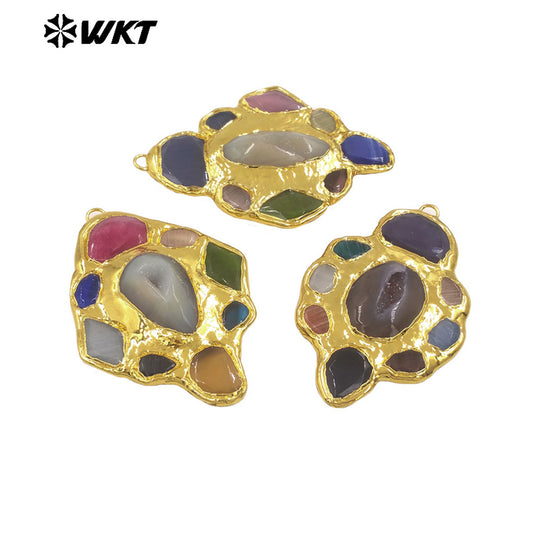 WT-P2009 Newest Design Gorgeous Multi Natural Gemstones Back Full 18K Gold Plated Charm Pendant For Women Jewelry Making