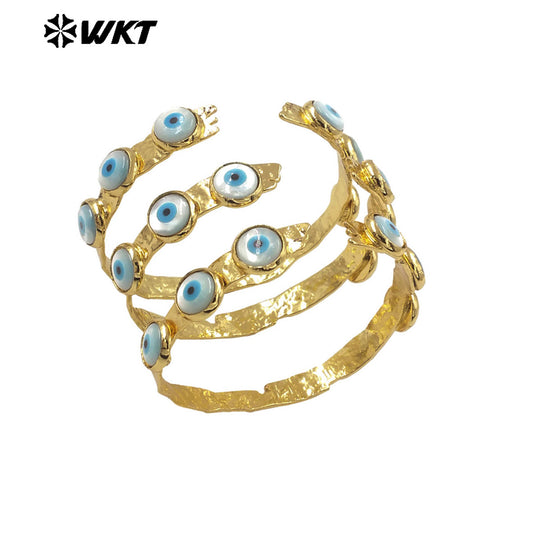MPB112 Lovely Energy 18K Real Gold Bezel Setting Natural Shell Turkey Eye Bangle in Adjustable Open Cuff