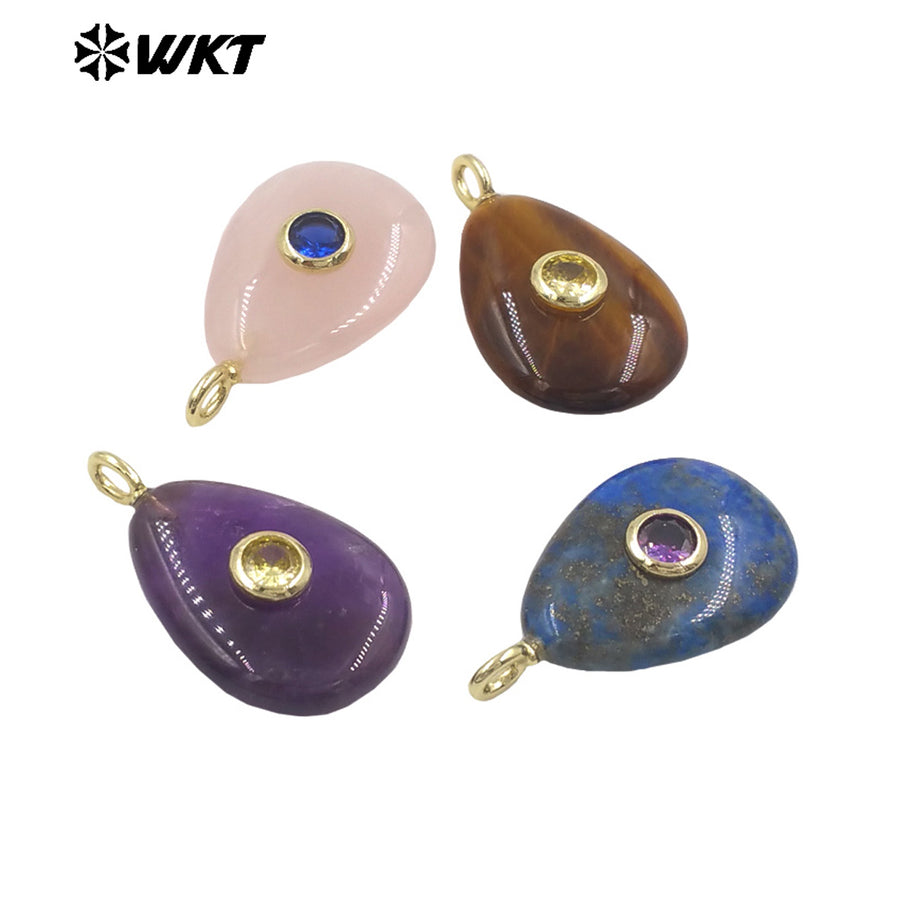 WT-P2022 Simple Design Waterdrop Shape Smooth Natural Gemstones Set In Zircon Small Pendant For Women Earrings DIY Accessory