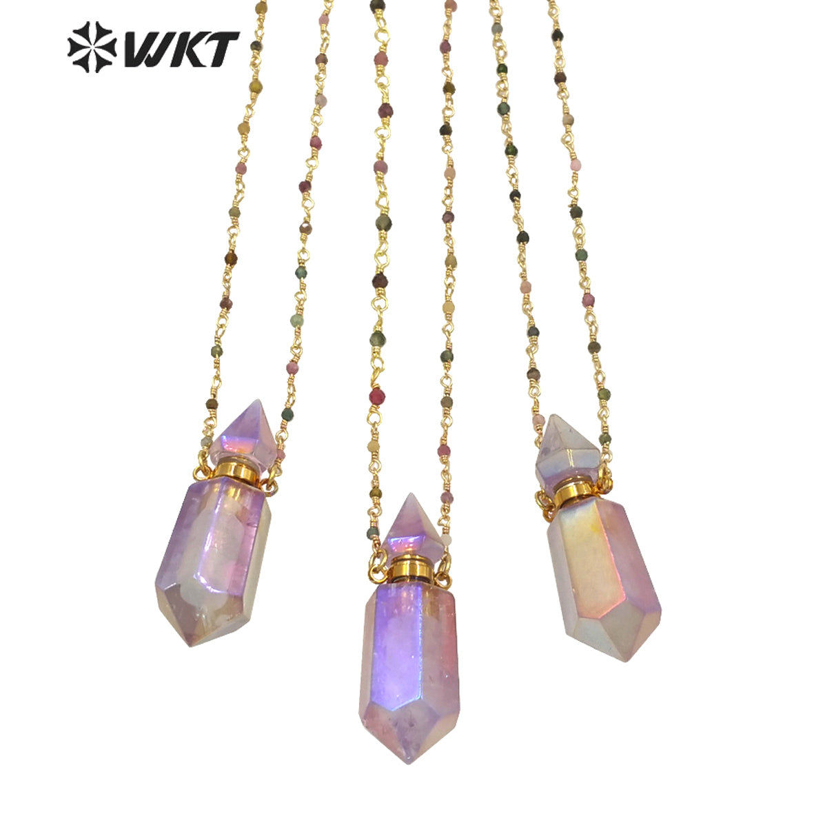 WT-N1234 Wholesales Amazing Natural Purple Stone Essential Oil Bottle Necklace Double Point Quartz Aura Perfume Bottle Necklace
