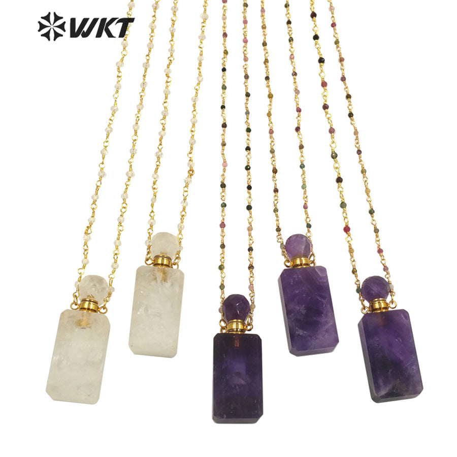 WT-N1276 Wholesale Natural Long square Stone Quart Perfume Bottle Necklace Colorful Tourmaline Beads Rosary Chain Perfume Bottle