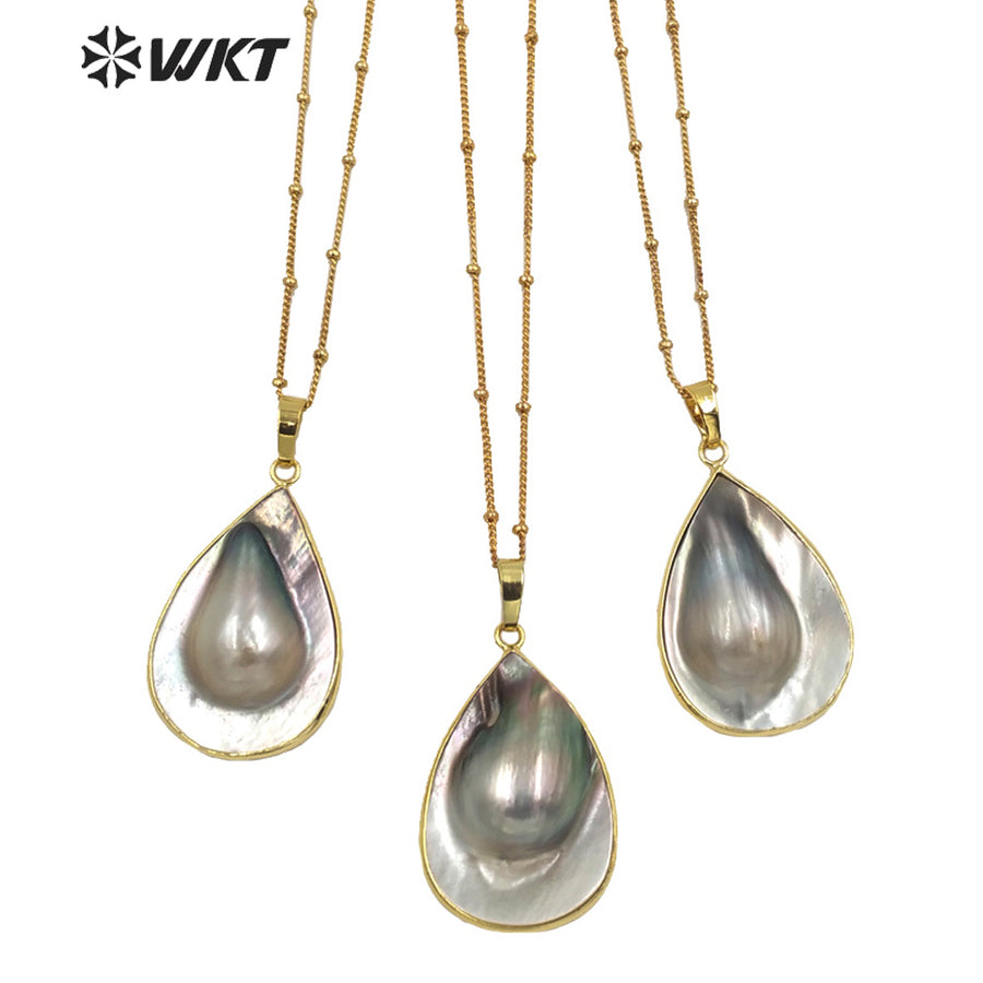 WT-JN145 WKT New Natural Black Mother of Pearl Drop Necklace Fashion Gold Precious Teardrop Black Shell Pendant Necklace