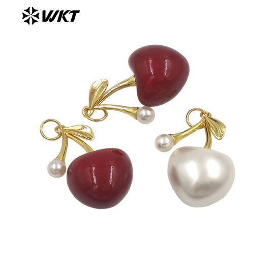 WT-JFE148 New Sales Cherry Charms Metal Yellow Brass With Drop Oil Red/ White Color Gold Plated Pendant Finding For Earrings DIY