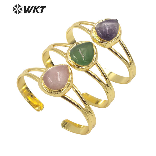 WT-B610 High Quality Charming Multicolor Gemstone Bangles Opening Adjustable Bangles 18k Gold Plated Natural Stone Bangles
