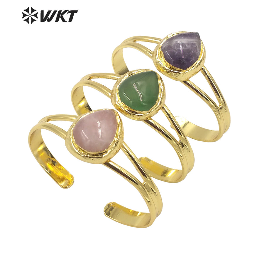 WT-B610 High Quality Charming Multicolor Gemstone Bangles Opening Adjustable Bangles 18k Gold Plated Natural Stone Bangles