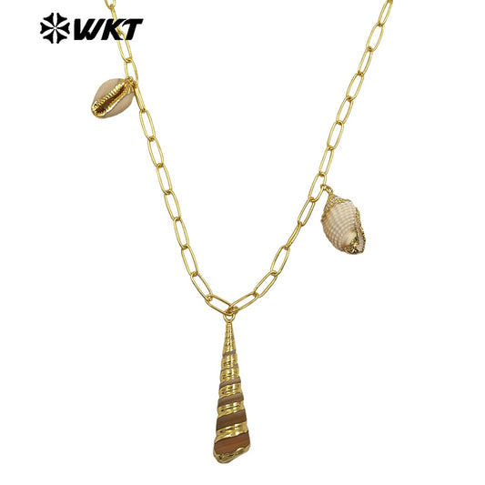 WT-JN317 Fashion Women Bohemian Vintage Style Big Link Chain Natural Cowrie Trumpet Shell Necklace For Summer