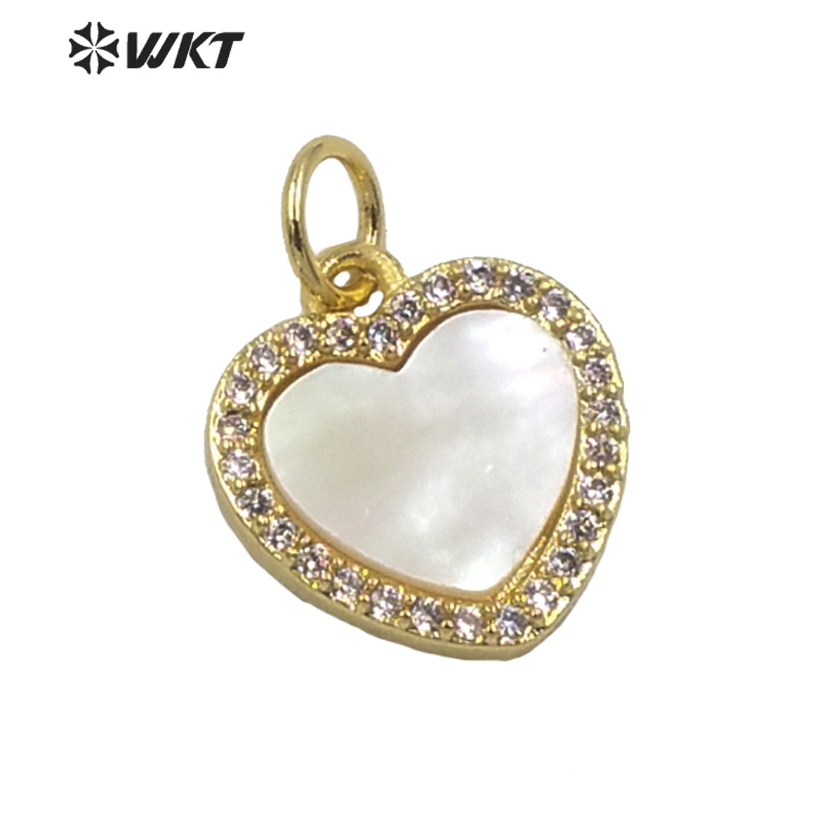 WT-MP199 Newest Tiny Charm Natural Mother of Pearl Shell With CZ Setting Lady Gold Bezel White Heart Charms in Shell