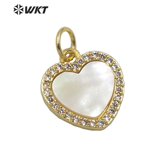 WT-MP199 Newest Tiny Charm Natural Mother of Pearl Shell With CZ Setting Lady Gold Bezel White Heart Charms in Shell