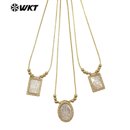 WT-JN389 Trending Religious Style 18K Gold Plated Oval And Square White Shell Pendant Necklace For Women Daily Wearing