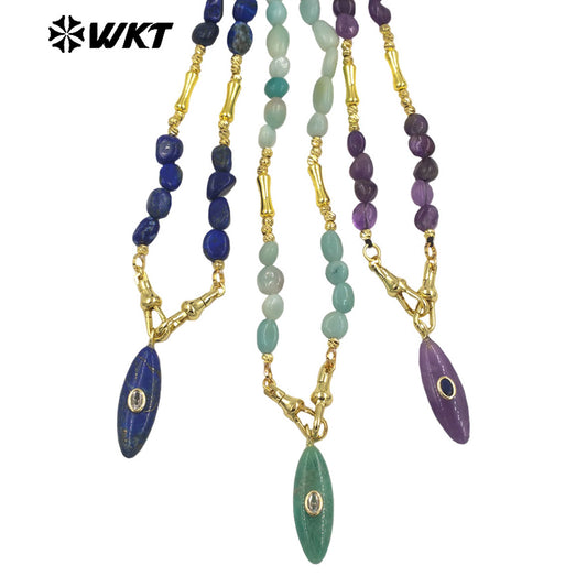 WT-N1521 Beautiful Fashion Metal Splicing Stone Beads Chain With Natural Gemstones Long Pendant Necklaces As Female Matching
