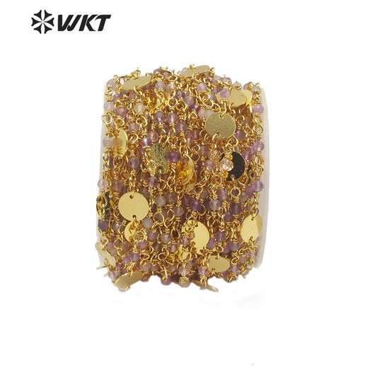 WT-RBC142 Wholesale Amethyst Beads Chain Hotsale Gold Plated Amethyst Rosary Beads Chain for Jewelry Making
