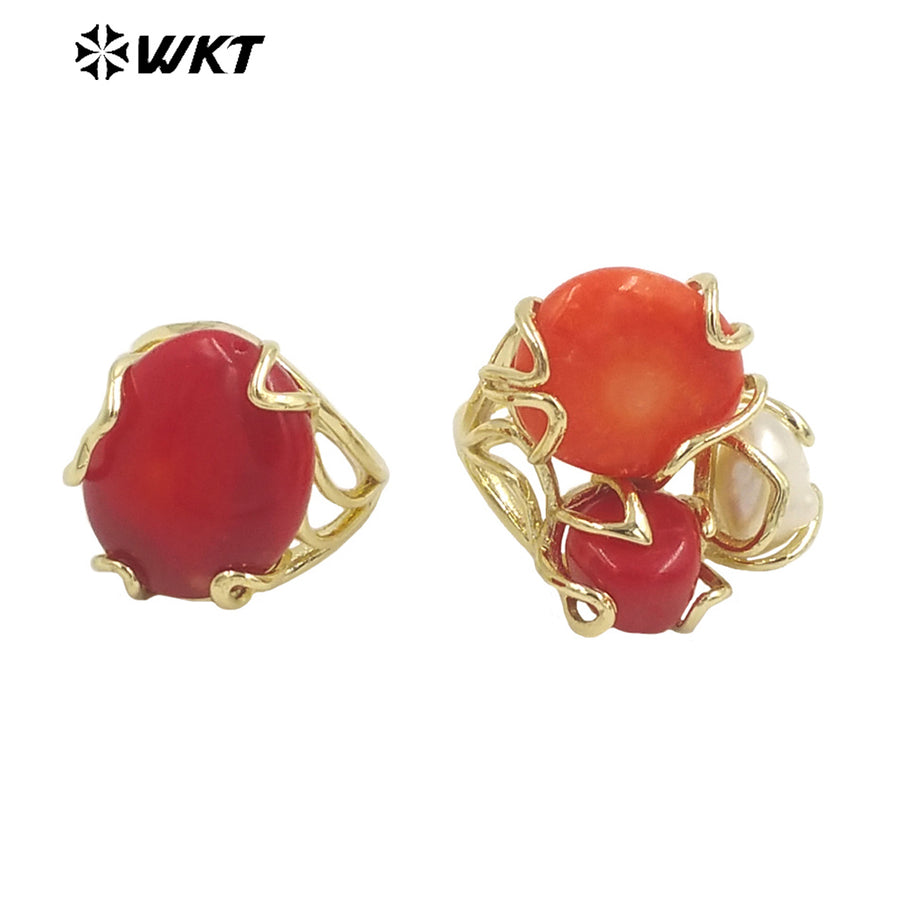 WT-MPR055 WKT Newest 18k Real Gold Plated Triple Stone Ring Lovely Women Natural Coral and Pearl Boho Ring for Gift
