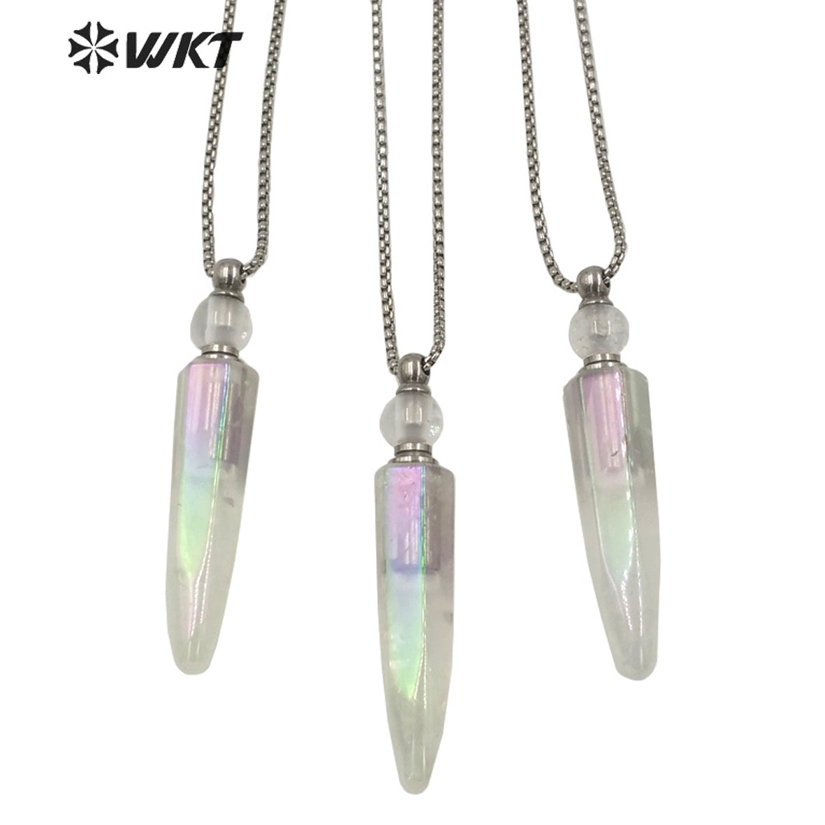 WT-N1259 Steel Amazing Natural Aura Crystal Quartz Point Perfume Bottle Necklace Unisex Aura Spirit Quartz Stone Perfume Bottle