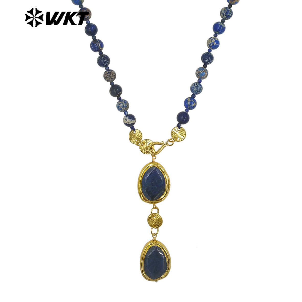 WT-N1505 Popular Boutique Natural Ocean Jasper Stone Beads With Gold Plated Lapis Pendant Necklace As Women Anniversary Gift