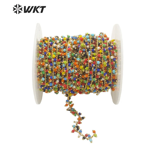 WT-RBC192 Newest Fashion Gold 2mm Glass Beads Jewelry Finding Chain for Necklace Design Women Colorful Rosary Beads Chain
