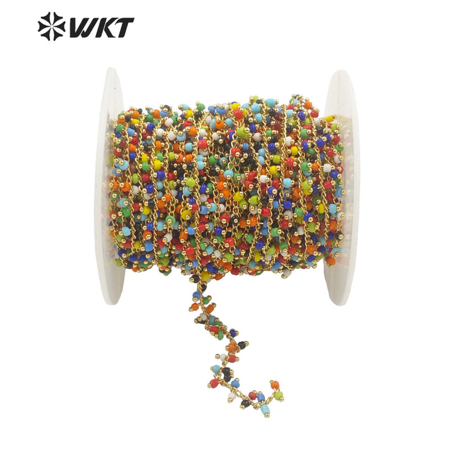 WT-RBC192 Newest Fashion Gold 2mm Glass Beads Jewelry Finding Chain for Necklace Design Women Colorful Rosary Beads Chain