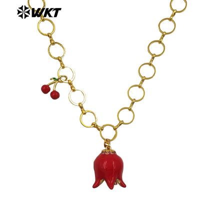 WT-JFN39 Fashion Romantic Style Women Necklace With Flower And Cherry Charms Round Gold Plated Chain High Quality Jewelry