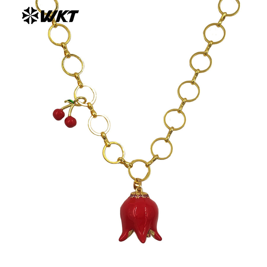 WT-JFN39 Fashion Romantic Style Women Necklace With Flower And Cherry Charms Round Gold Plated Chain High Quality Jewelry