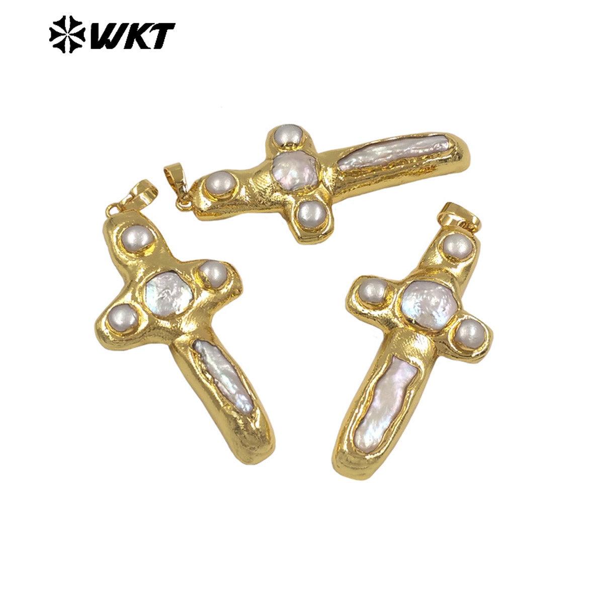 WT-JP446 New Arrival Religious Style Gold Electroplated Natural Freshwater Pearl Cross Pendant For Women Fashion Necklace Making