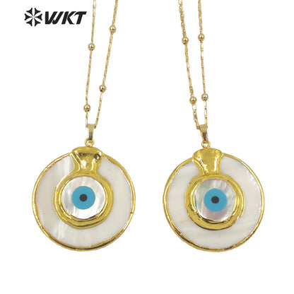 WT-JN171 Stylish Necklace Devil Eye Shell Pendant Necklace Circular Gold Electroplated Marine Life Jewelry Noble Shell Necklace