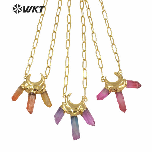 WT-N1251Wholesale New Rainbow Colorful Aura Quartz Statement Stone Necklace Fashion Triple Color Quartz Pendant Stone Necklace