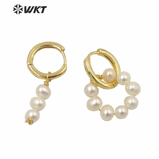 WT-MPE052 Populared Hand Strand Natural Freshwater Pearl Round Earrings 18k Gold Plated PEARL Beads Earrings with Clasp Studs