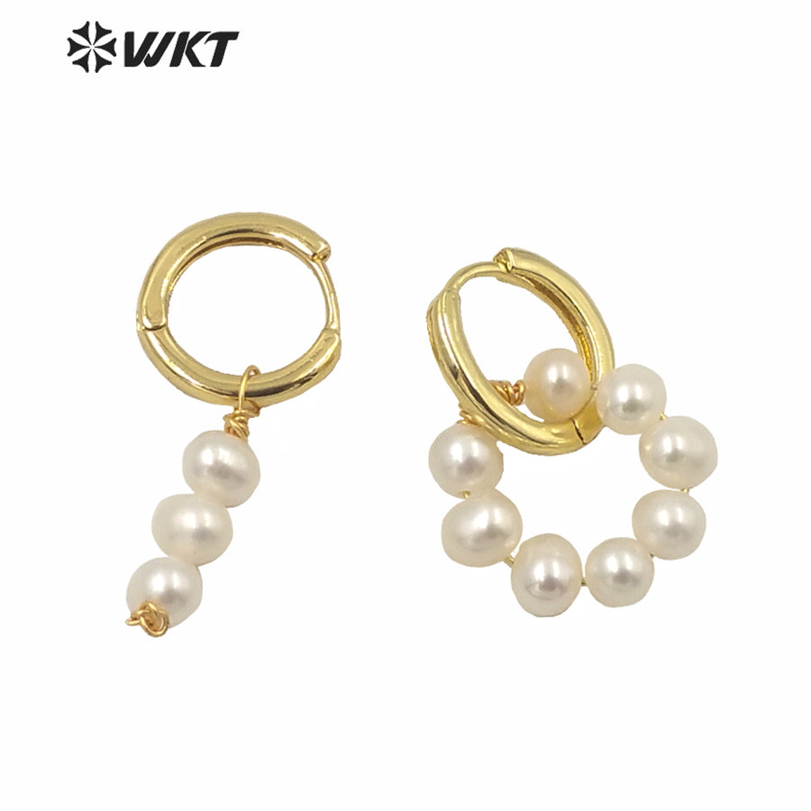 WT-MPE052 Populared Hand Strand Natural Freshwater Pearl Round Earrings 18k Gold Plated PEARL Beads Earrings with Clasp Studs