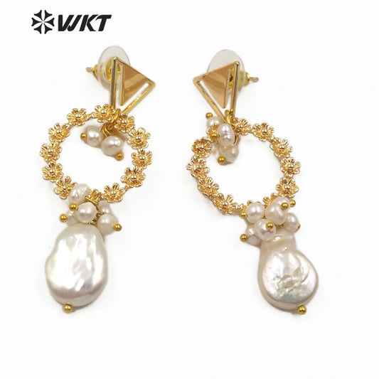 WT-MPE011 New Design Natural Freshwater Pearl Earring Elegant Charm Jewelry Flower Circle Pearl Dangle Earring