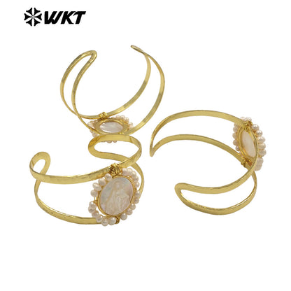 MPB132 Wholesale Religious Gold Plated Double Layers Hand Carved Shell And Pearl Adjustable Bangles As Ladies Party Present