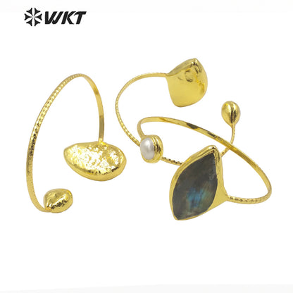 WT-B599 Fashion Classic Irregular Sparkling Stone Round Pearl Adjustable 18k Gold Plated Bangle Women Stone Bangle