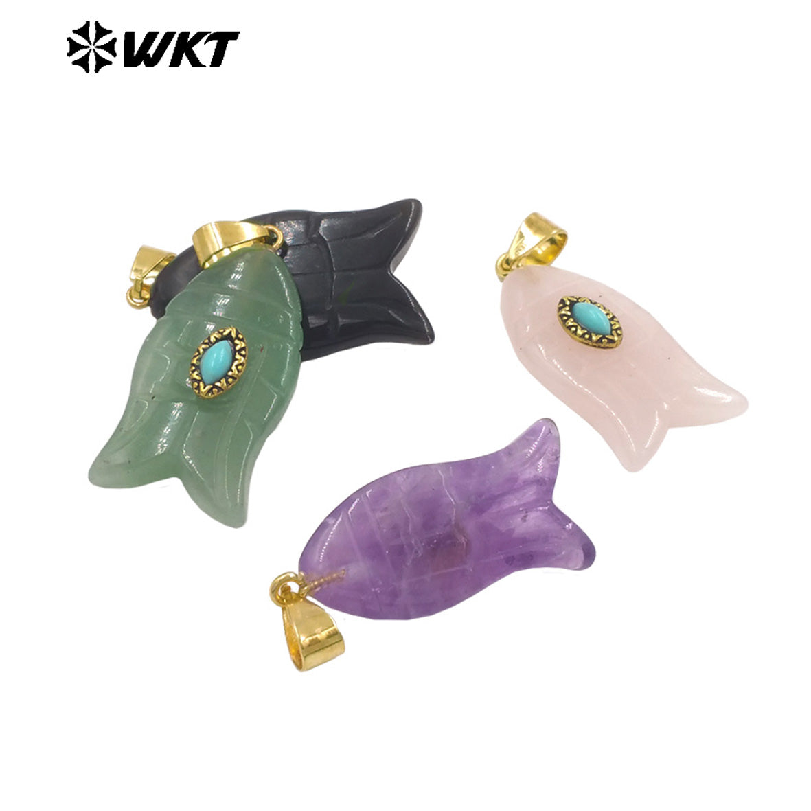 WT-P2012 Wonderful Gold Plated Fish Shape Multi Colors Natural Gemstones Set In Small Stone Pendants For Unique Jewelry Making