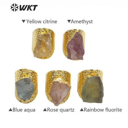 WT-R369 Amazing Gorgeous Raw Stone Quartz Cocktail Ring 18k Real Gold Plated Nontarnishable Aqua Energy Jewelry Stone Ring