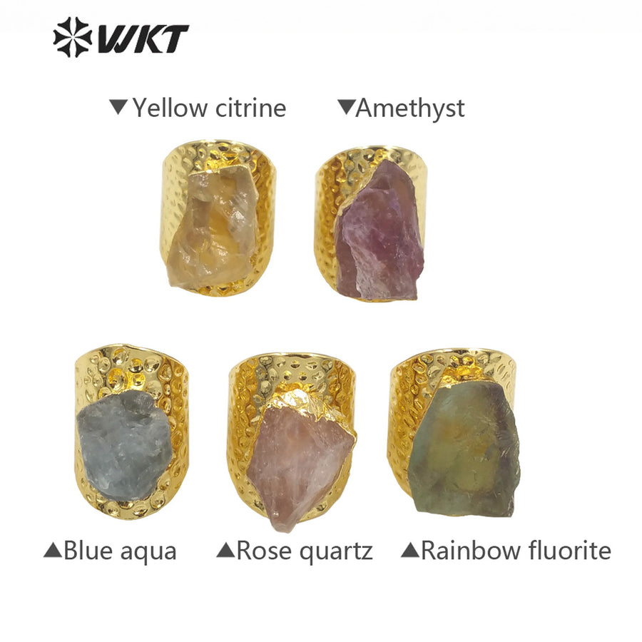 WT-R369 Amazing Gorgeous Raw Stone Quartz Cocktail Ring 18k Real Gold Plated Nontarnishable Aqua Energy Jewelry Stone Ring