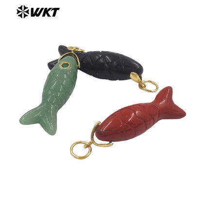 WT-P2069 Cute Design Zircon And Natural Gemstones Hand Carved Fish Shape Little Pendants For Lady Jewelry DIY Accessory