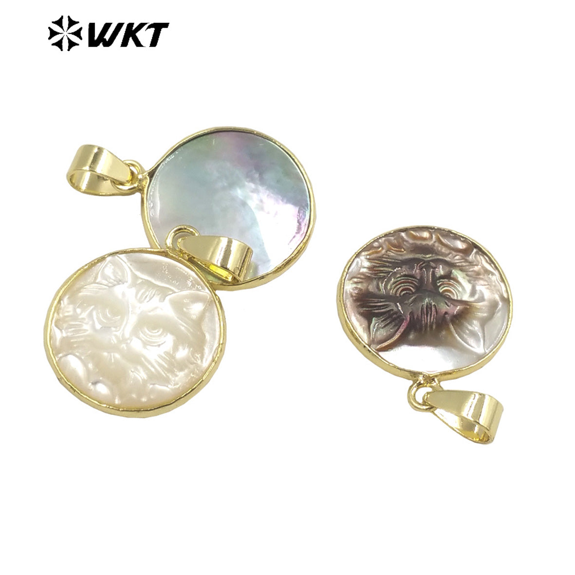 WT-JP346 WKT New Arrival Novel Cat Engraved Colorful Design Ball Shaped Gold Plated Necklace Pendants Shell Pendant